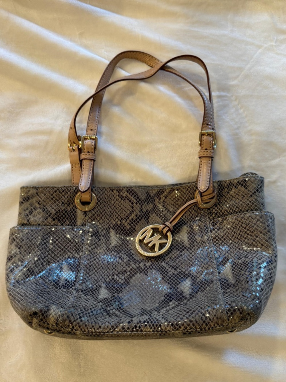 Michael Kors Gray Snakeskin-Print Shoulder Bag with Tan Straps